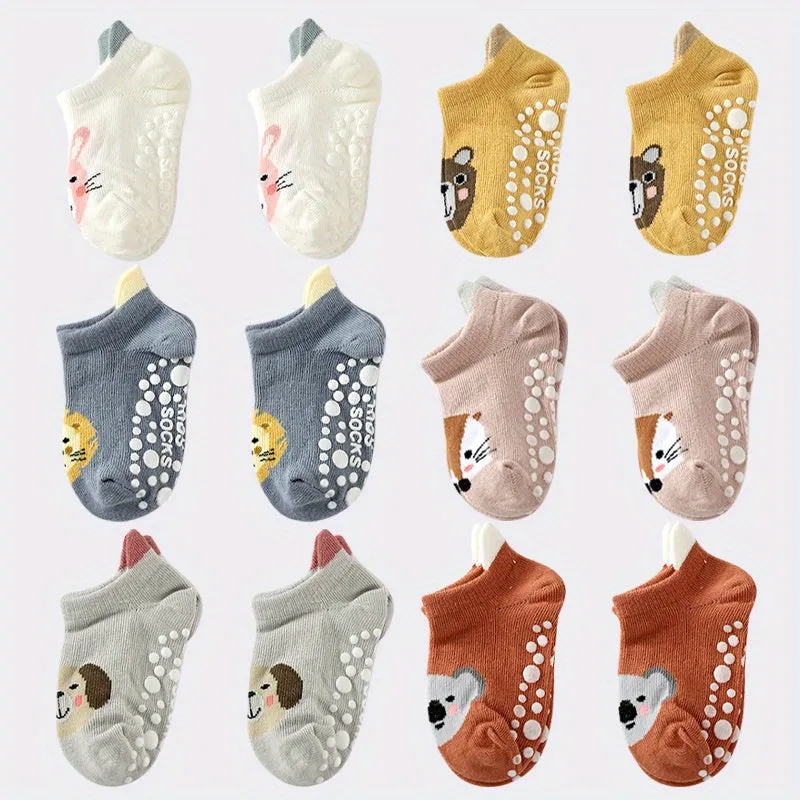 6 Pairs Of Baby Boy's Cartoon Animal Pattern, Bottom Rubber Non-slip Sports Low Cut Socks, Comfy Breathable Soft Socks For Babies Wearing