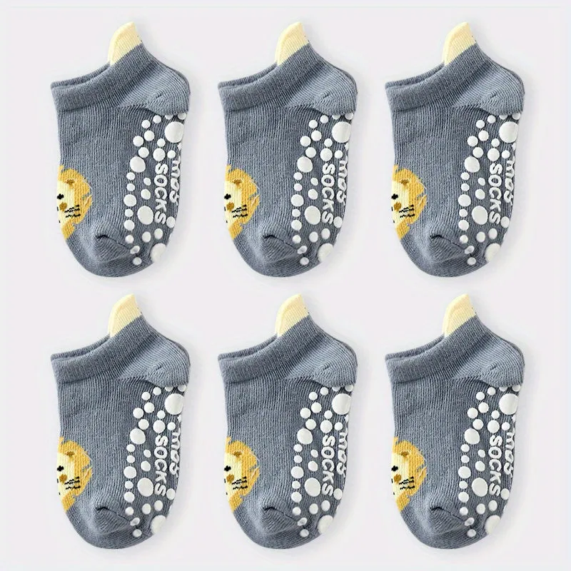 6 Pairs Of Baby Boy's Cartoon Animal Pattern, Bottom Rubber Non-slip Sports Low Cut Socks, Comfy Breathable Soft Socks For Babies Wearing