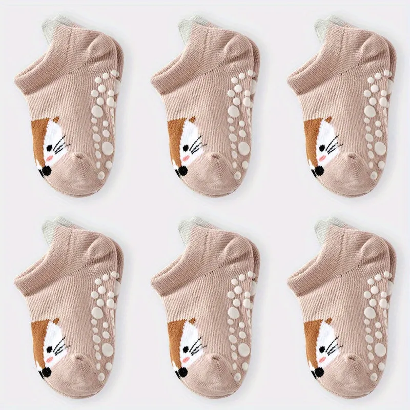 6 Pairs Of Baby Boy's Cartoon Animal Pattern, Bottom Rubber Non-slip Sports Low Cut Socks, Comfy Breathable Soft Socks For Babies Wearing