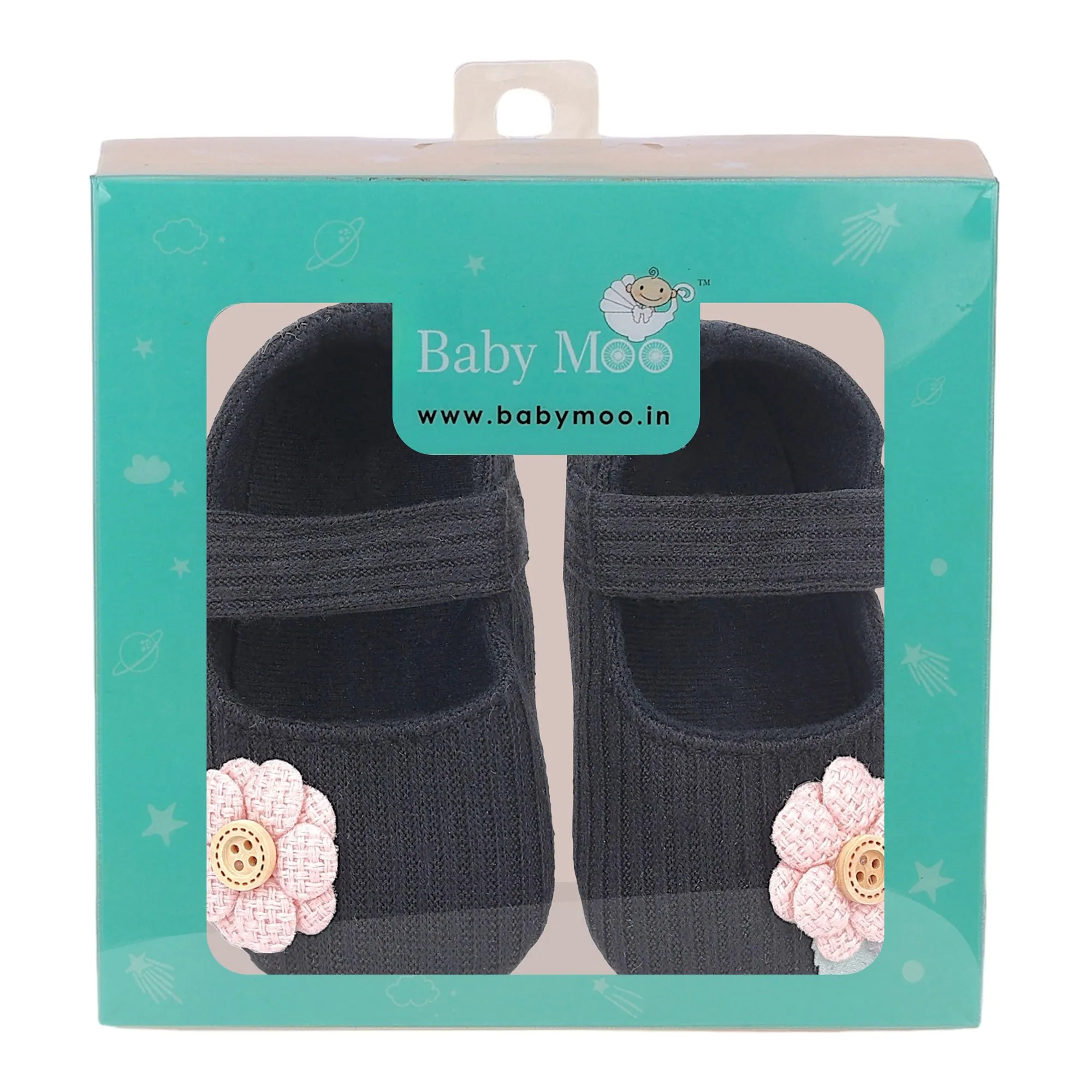 Baby Moo 3D Flower Button Velcro Strap Anti-Skid Ballerina Booties - Black