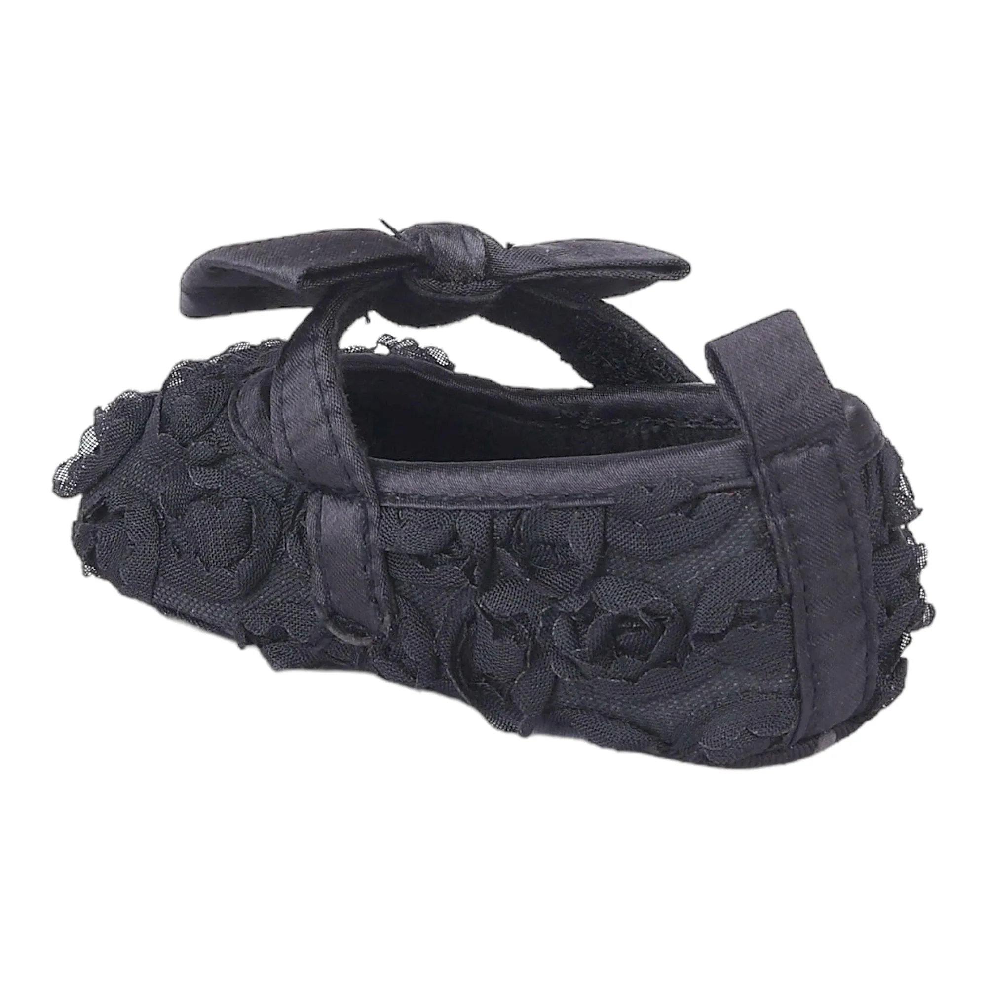 Baby Moo Big Bow Floral Lace Elastic Strap Ballerina Booties - Black