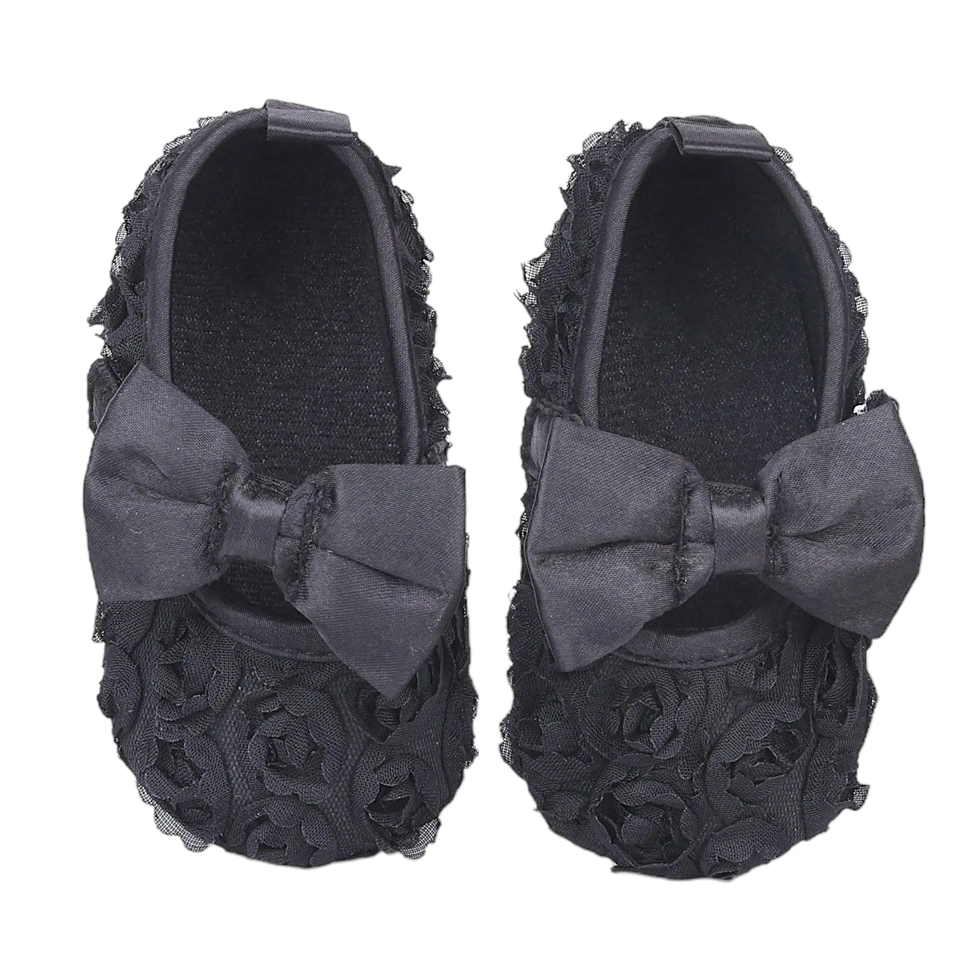 Baby Moo Big Bow Floral Lace Elastic Strap Ballerina Booties - Black