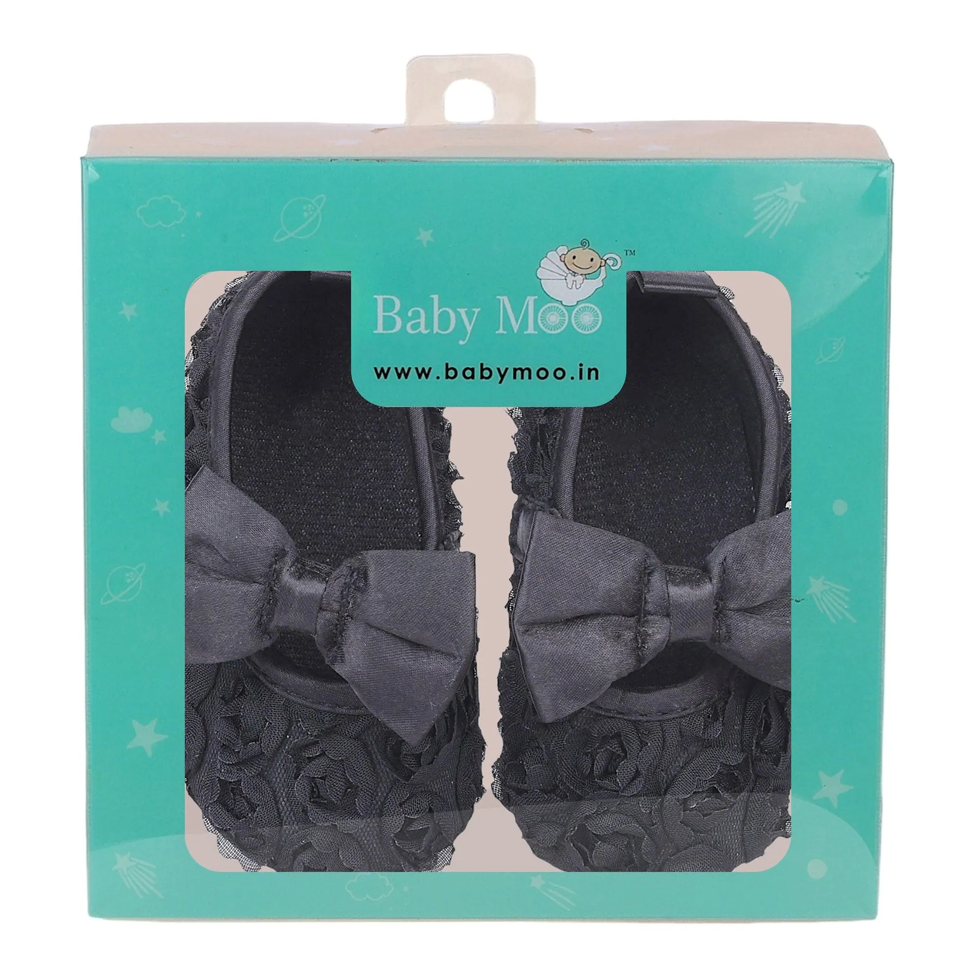 Baby Moo Big Bow Floral Lace Elastic Strap Ballerina Booties - Black