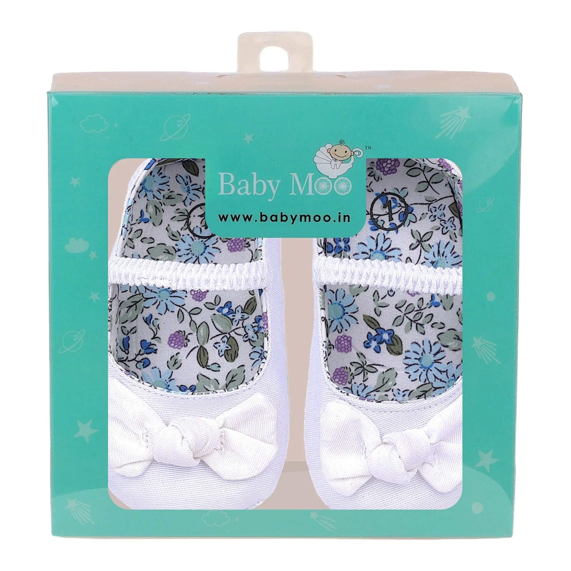 Baby Moo Bow Knot Elastic Strap First Walkers Anti-Skid Ballerina Booties - White