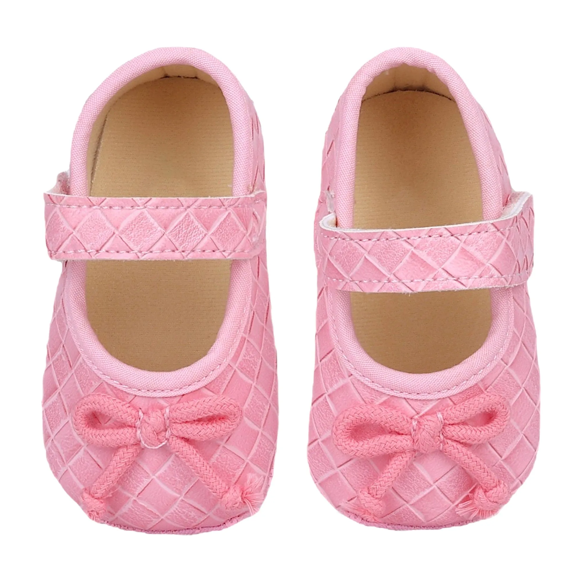 Baby Moo Bow Knot Velcro Strap Textured Leather Anti-Skid Ballerina Booties - Pink