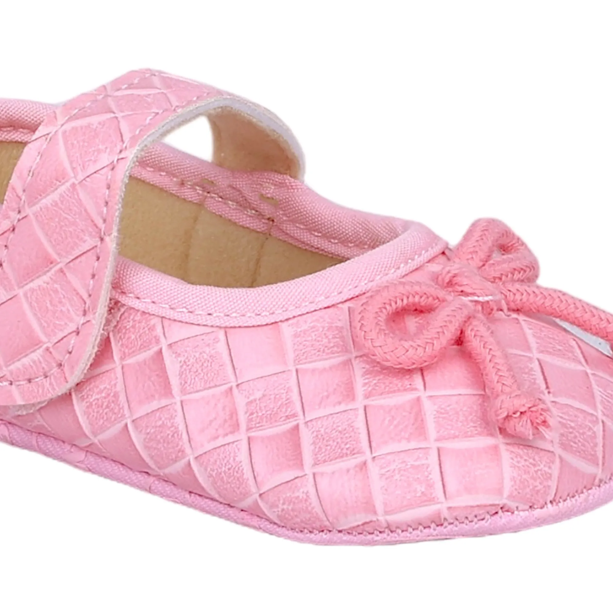 Baby Moo Bow Knot Velcro Strap Textured Leather Anti-Skid Ballerina Booties - Pink