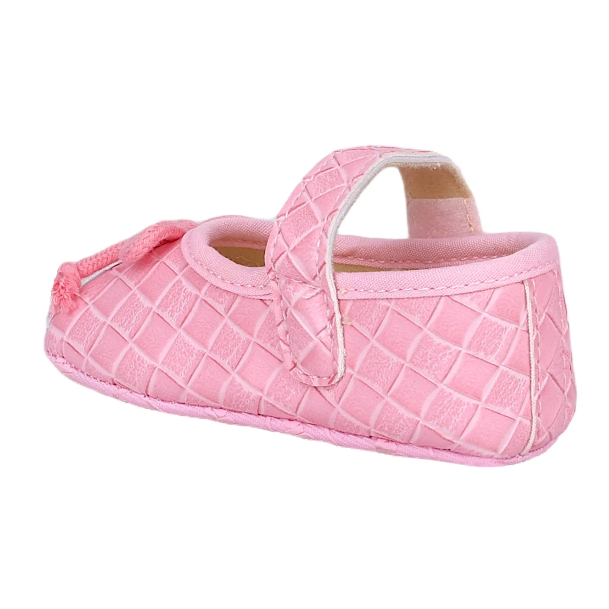 Baby Moo Bow Knot Velcro Strap Textured Leather Anti-Skid Ballerina Booties - Pink