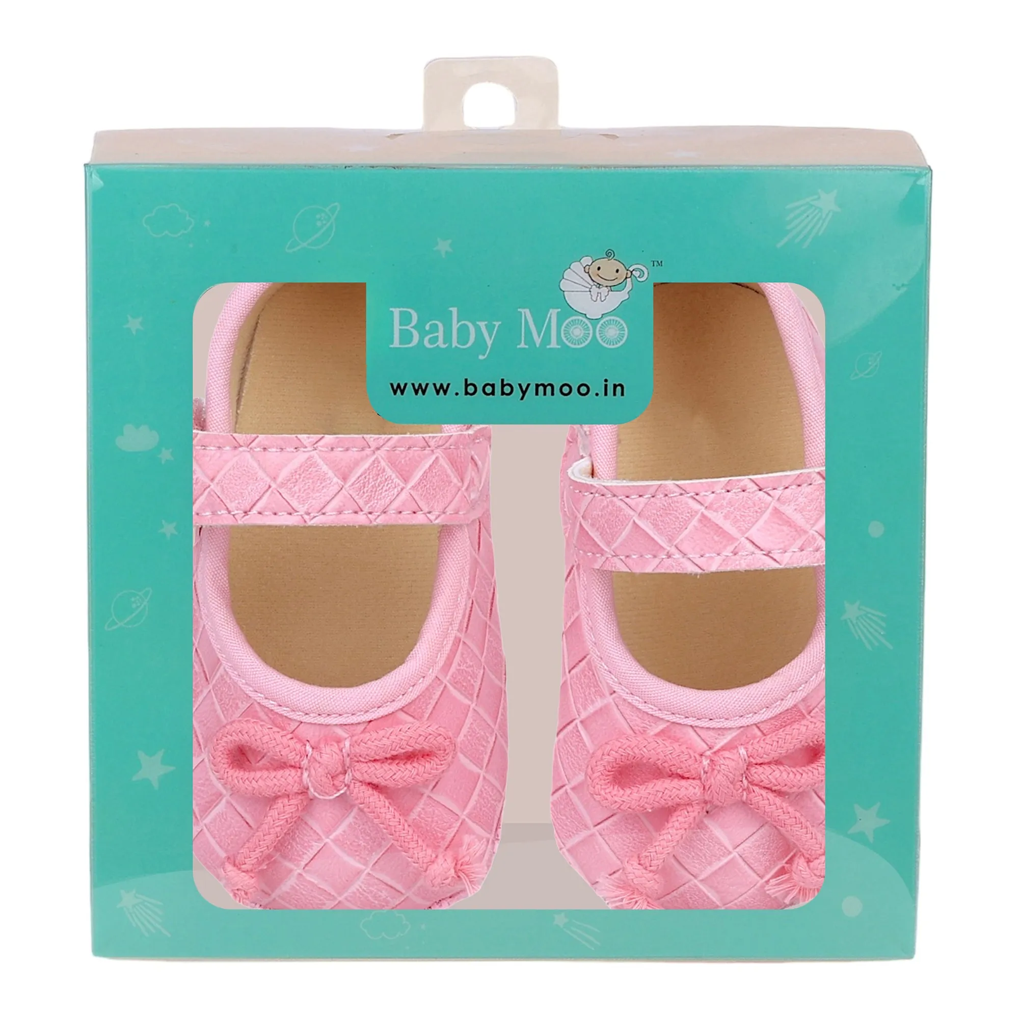 Baby Moo Bow Knot Velcro Strap Textured Leather Anti-Skid Ballerina Booties - Pink