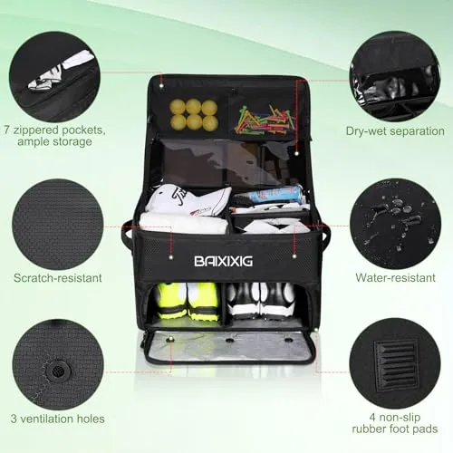 BAIXIXIG Golf Trunk Organizer, 2 Layer Waterproof Car Golf Locker with Separate Ventilated Compartment for 2 Pair Shoes, Durable Golf Trunk Storage for Golf Accessories, Golf Gifts for Men