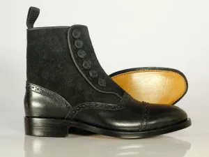 Bespoke Black Leather Suede Ankle High Button Top Boots