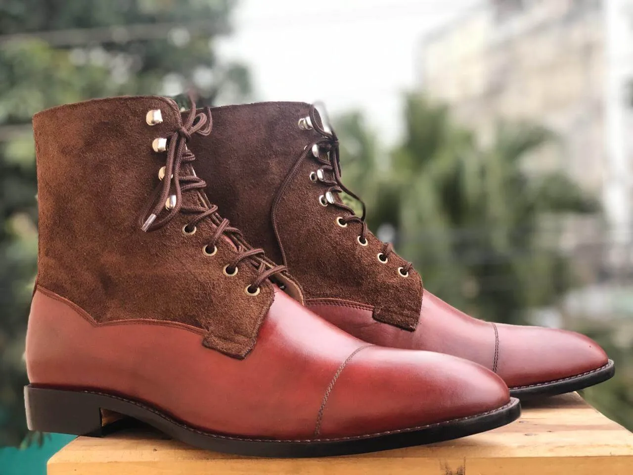 Bespoke Brown Burgundy Leather Suede Ankle Lace Up Boot