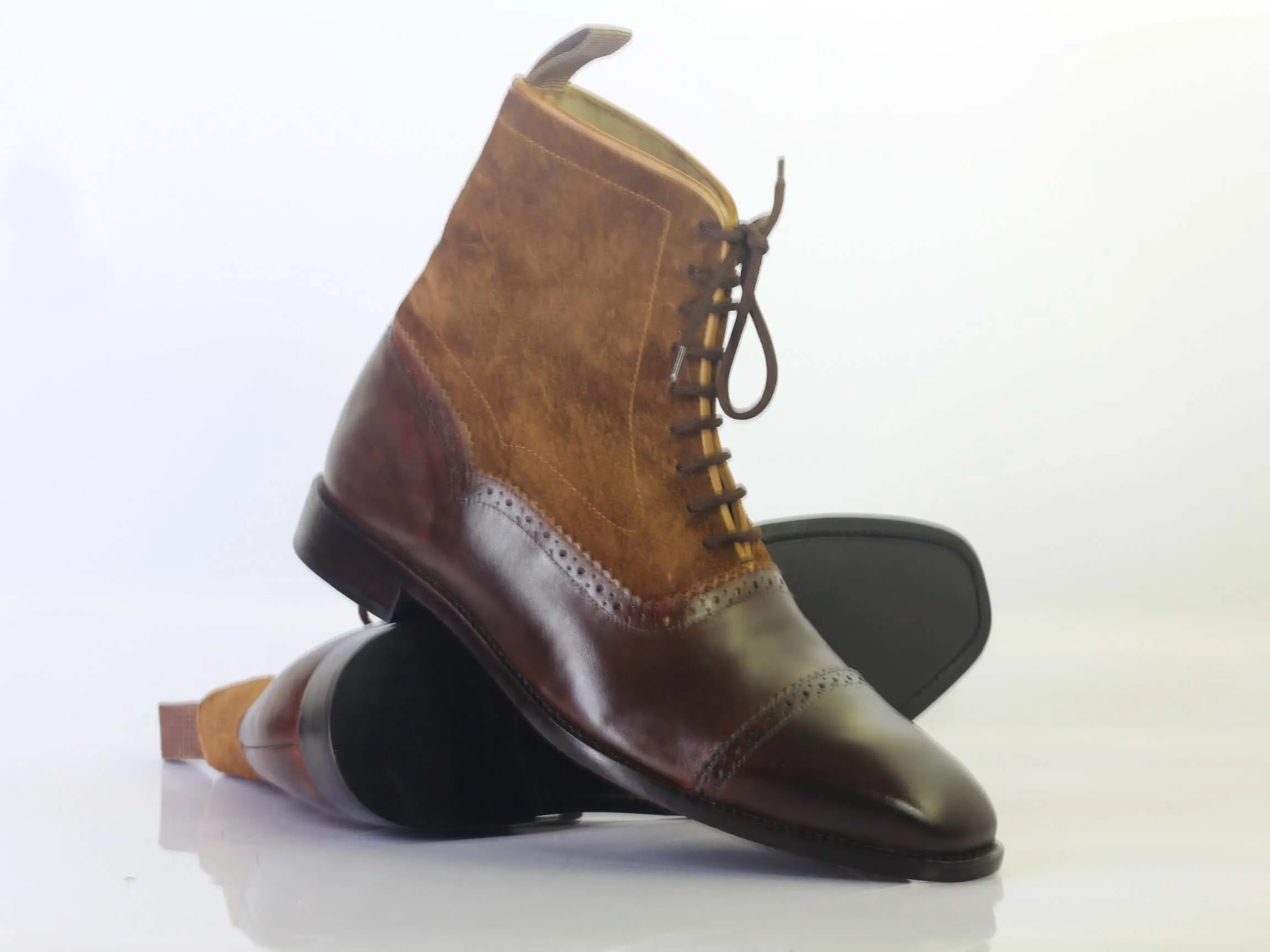 Bespoke Brown Burgundy Leather Suede Cap Toe Ankle Lace Up Boot