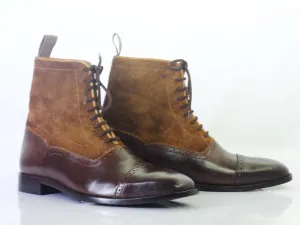 Bespoke Brown Burgundy Leather Suede Cap Toe Ankle Lace Up Boot