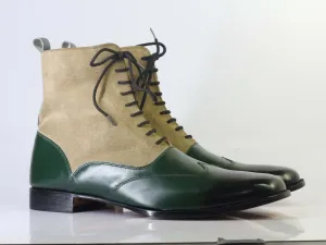 Bespoke Green Beige Suede Leather Ankle Wing Tip Boot