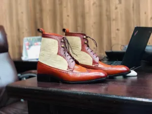 Bespoke Tan Beige Leather Suede Wing Tip Ankle Boots