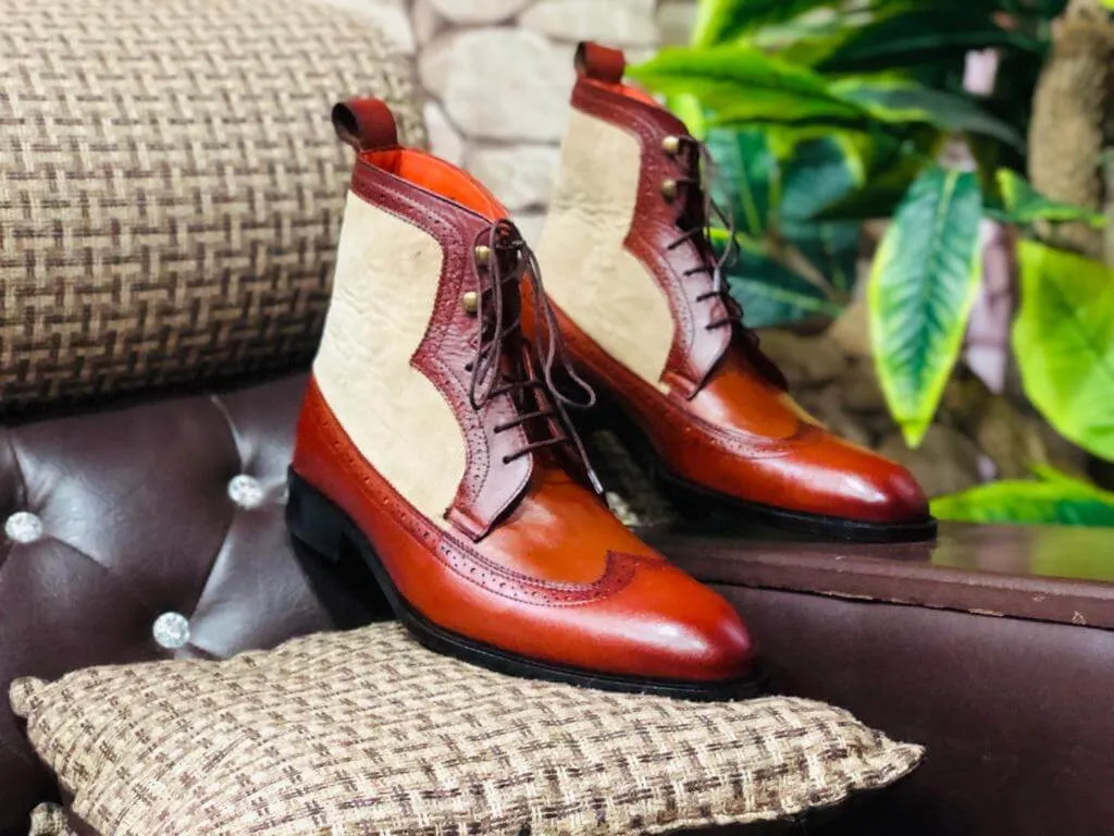 Bespoke Tan Beige Leather Suede Wing Tip Ankle Boots