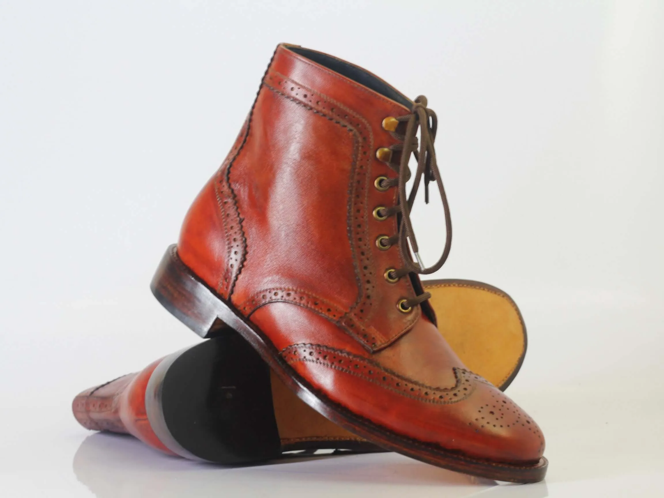 Bespoke Tan Brown Leather Ankle High Wing Tip Lace Up Boot