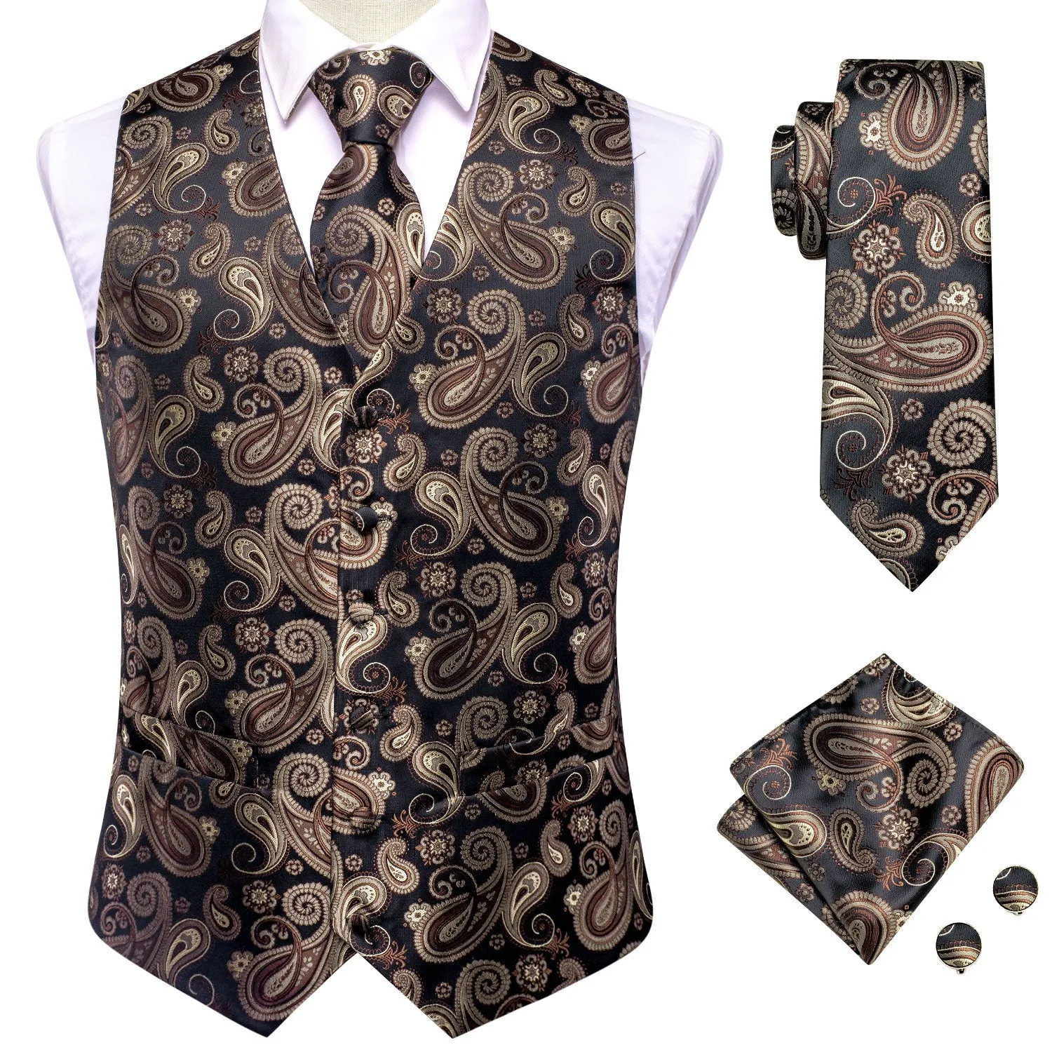 Black Brown Paisley Jacquard Silk Men's Vest Hanky Cufflinks Tie Set