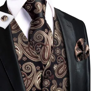 Black Brown Paisley Jacquard Silk Men's Vest Hanky Cufflinks Tie Set