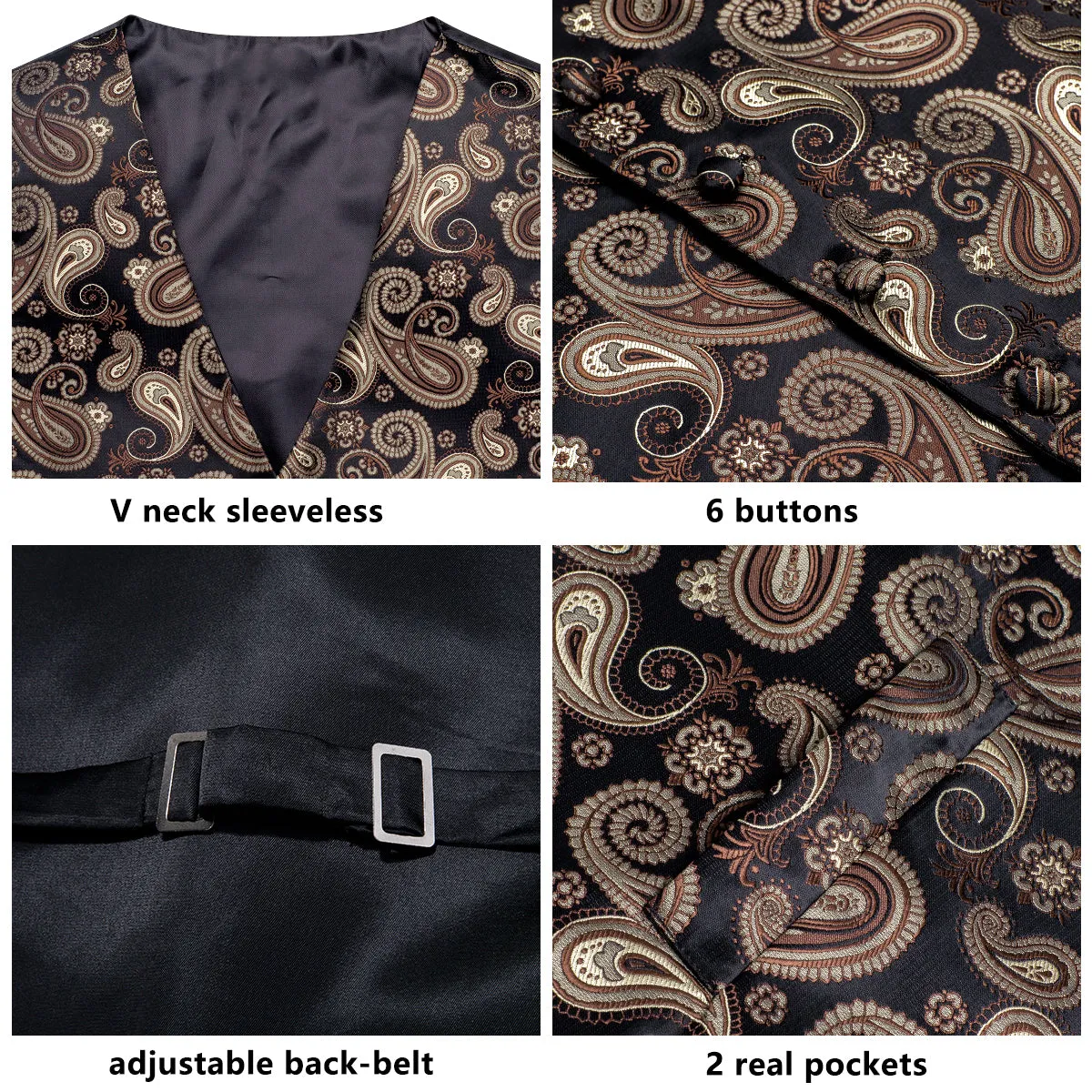 Black Brown Paisley Jacquard Silk Men's Vest Hanky Cufflinks Tie Set