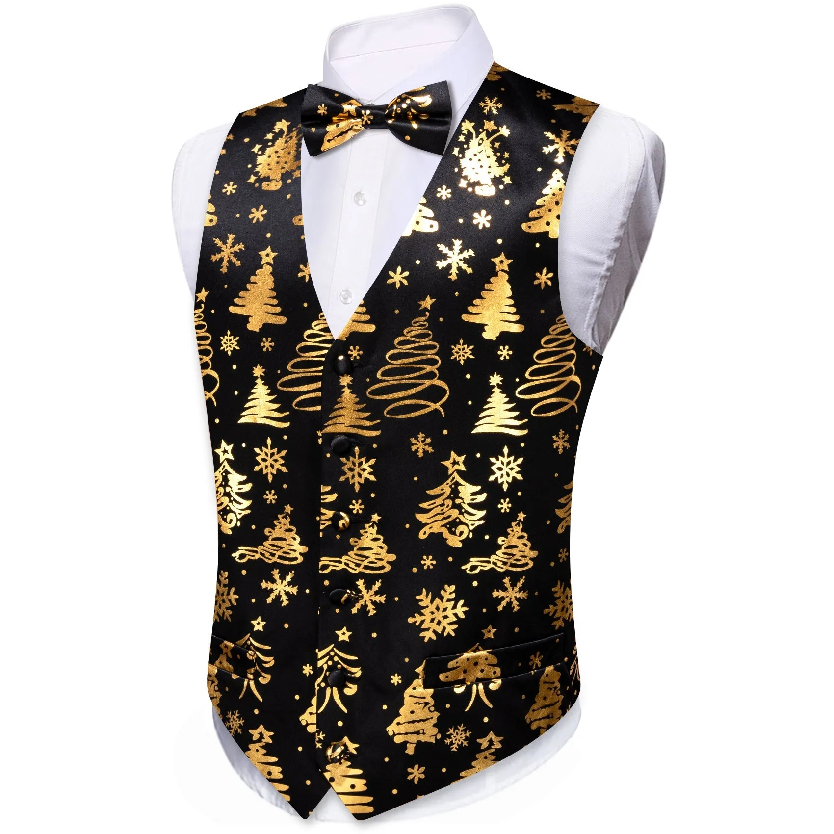 Black Golden Christmas Tree Novelty Silk Men's Vest Bow Tie Set Waistcoat Suit Set