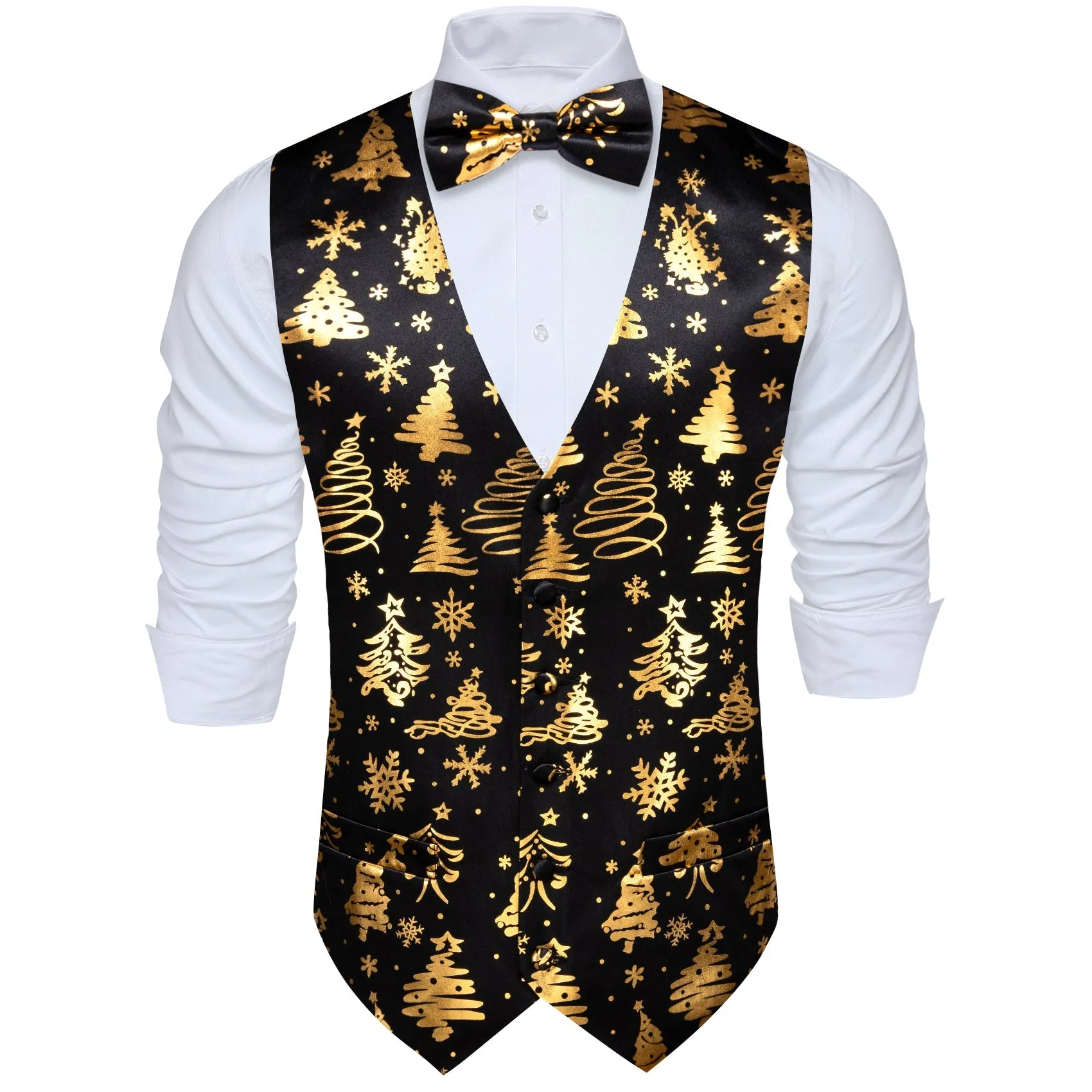 Black Golden Christmas Tree Novelty Silk Men's Vest Bow Tie Set Waistcoat Suit Set