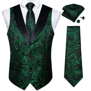 Black Green Paisley Black Collar V Neck Jacquard Silk Men's Vest Hanky Cufflinks Tie Set