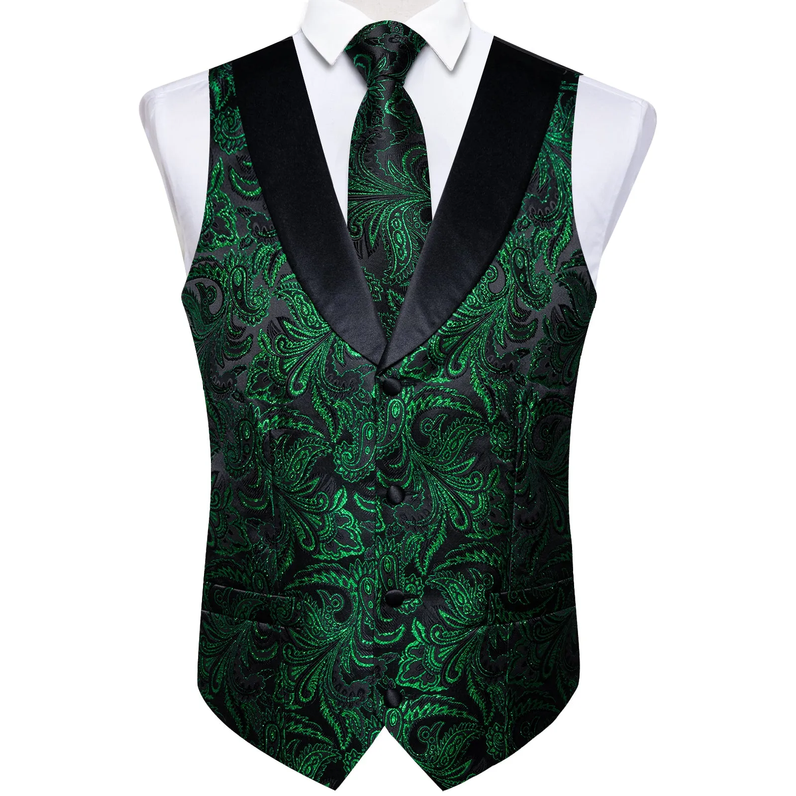 Black Green Paisley Black Collar V Neck Jacquard Silk Men's Vest Hanky Cufflinks Tie Set