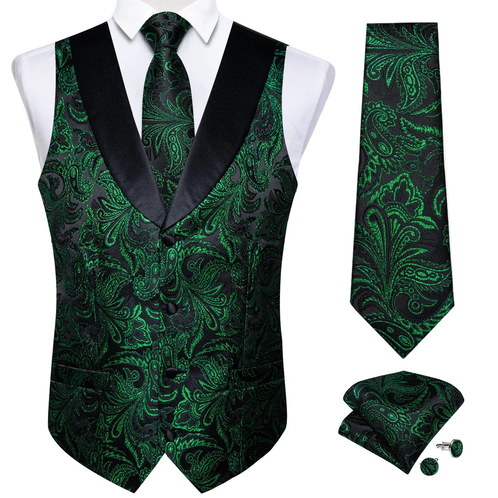 Black Green Paisley Black Collar V Neck Jacquard Silk Men's Vest Hanky Cufflinks Tie Set