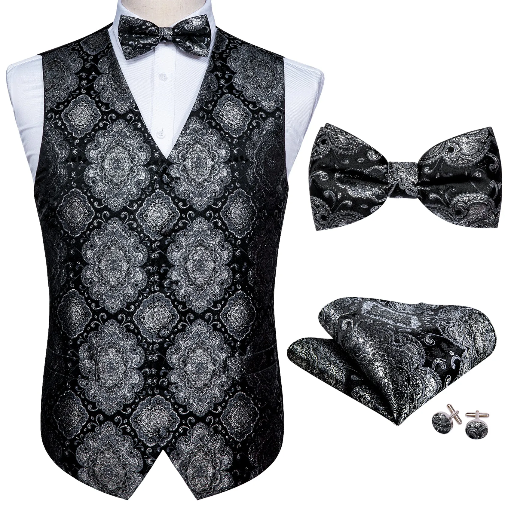 Black Grey Retro Floral Silk Men's Vest Bow Tie Handkerchief Cufflinks Set Waistcoat Suit Set