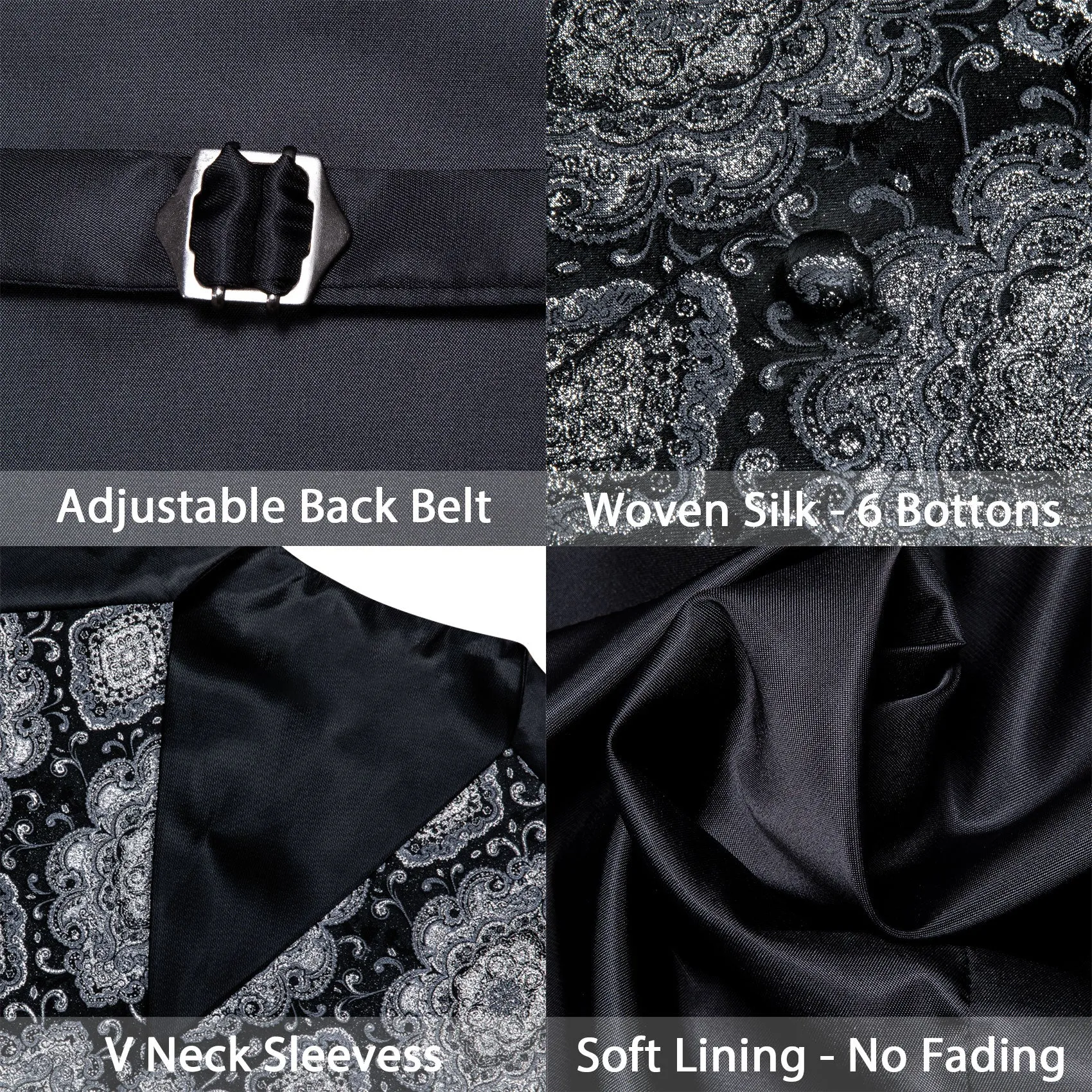 Black Grey Retro Floral Silk Men's Vest Bow Tie Handkerchief Cufflinks Set Waistcoat Suit Set