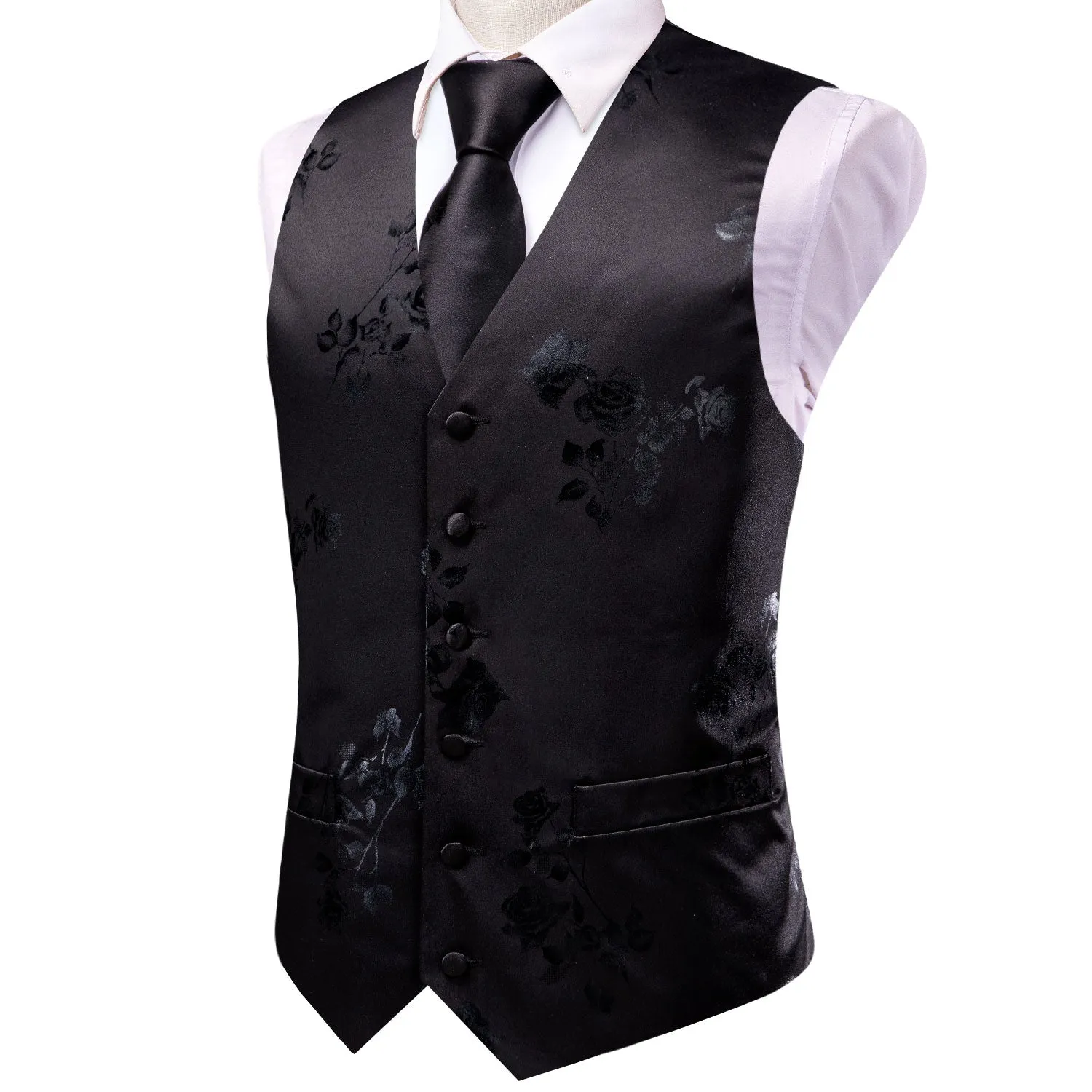 Black Grey Rose Floral Jacquard Silk Men's Vest Hanky Cufflinks Tie Set