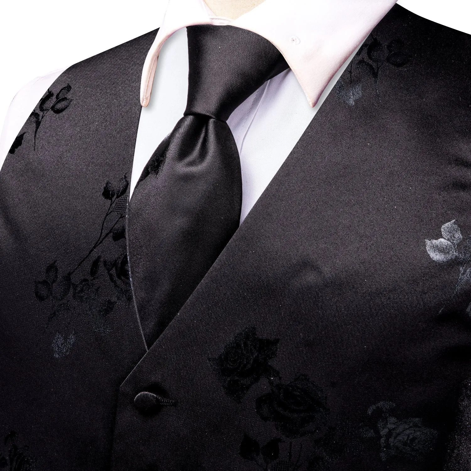 Black Grey Rose Floral Jacquard Silk Men's Vest Hanky Cufflinks Tie Set