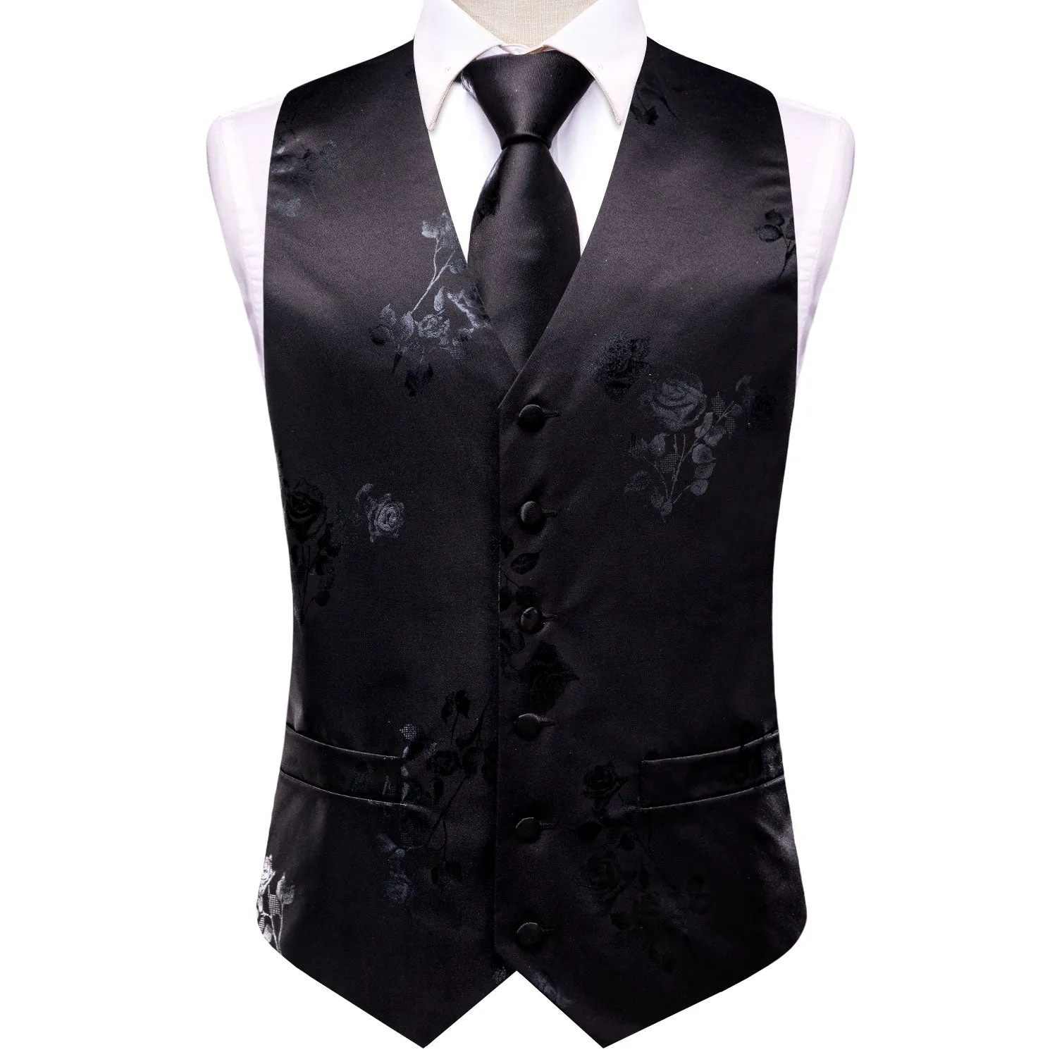 Black Grey Rose Floral Jacquard Silk Men's Vest Hanky Cufflinks Tie Set