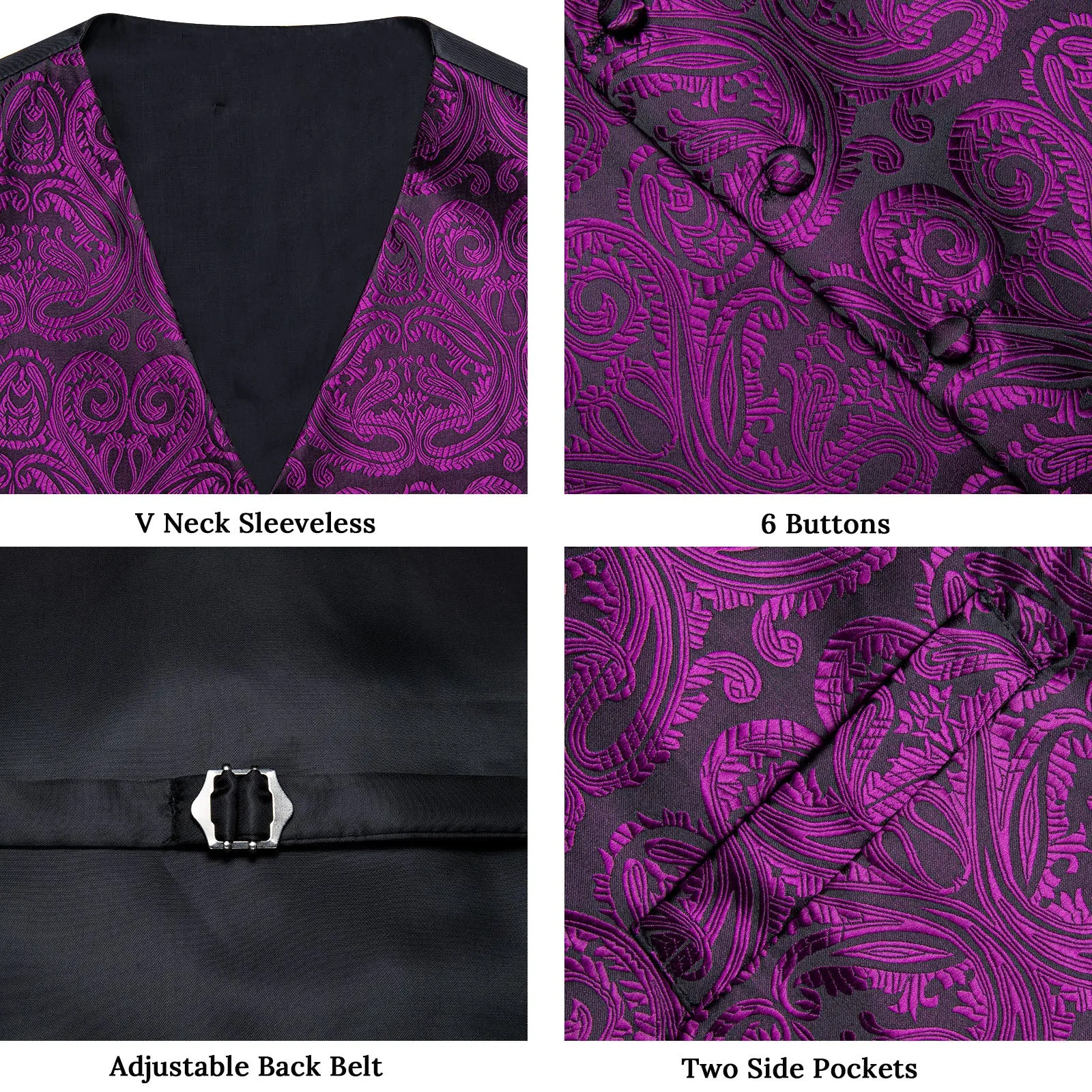 Black Purple Paisley Silk Men's Vest Hanky Cufflinks Tie Set