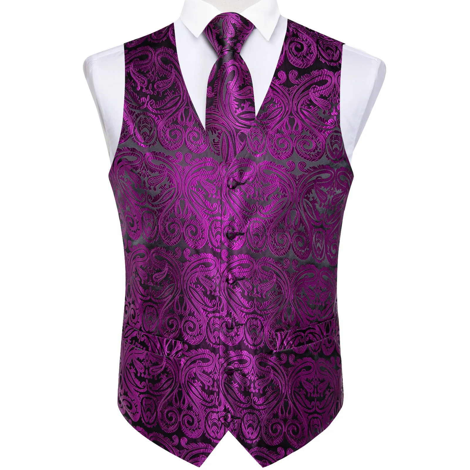 Black Purple Paisley Silk Men's Vest Hanky Cufflinks Tie Set