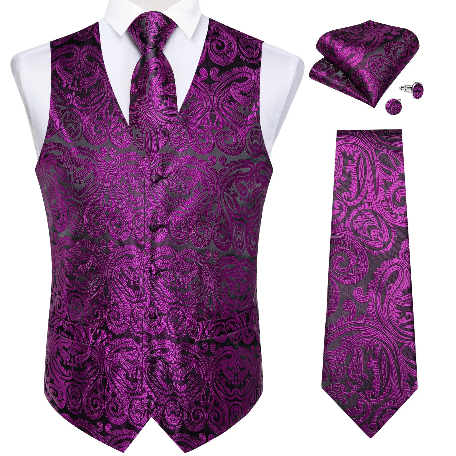 Black Purple Paisley Silk Men's Vest Hanky Cufflinks Tie Set