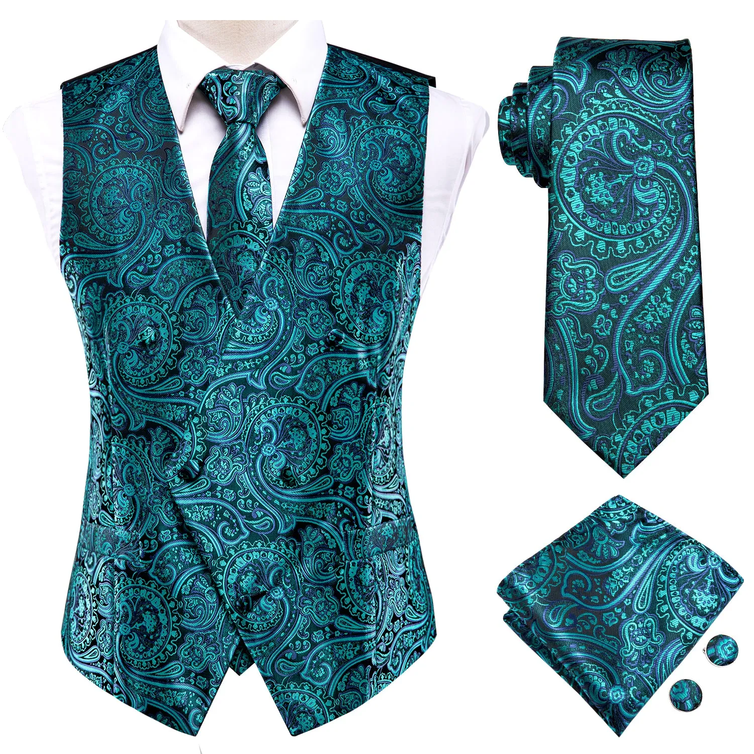 Blue Green Paisley Jacquard Silk Men's Vest Hanky Cufflinks Tie Set