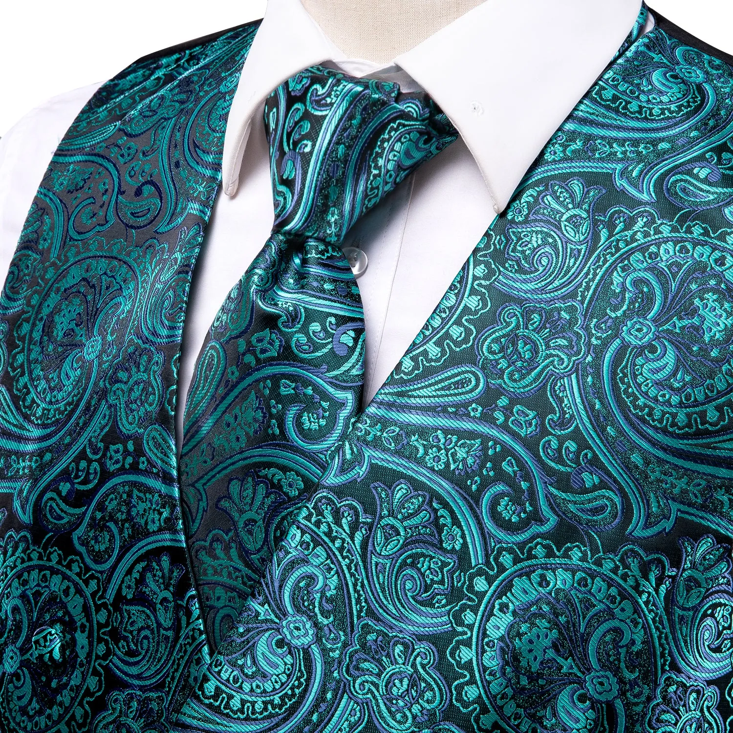 Blue Green Paisley Jacquard Silk Men's Vest Hanky Cufflinks Tie Set