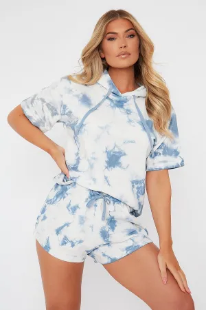 Blue Loop Back Tie Dye Hoodie and Shorts Set - Shivi