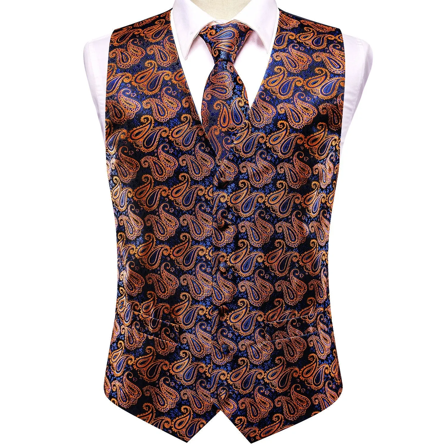 Blue Orange Paisley Jacquard Silk Men's Vest Hanky Cufflinks Tie Set