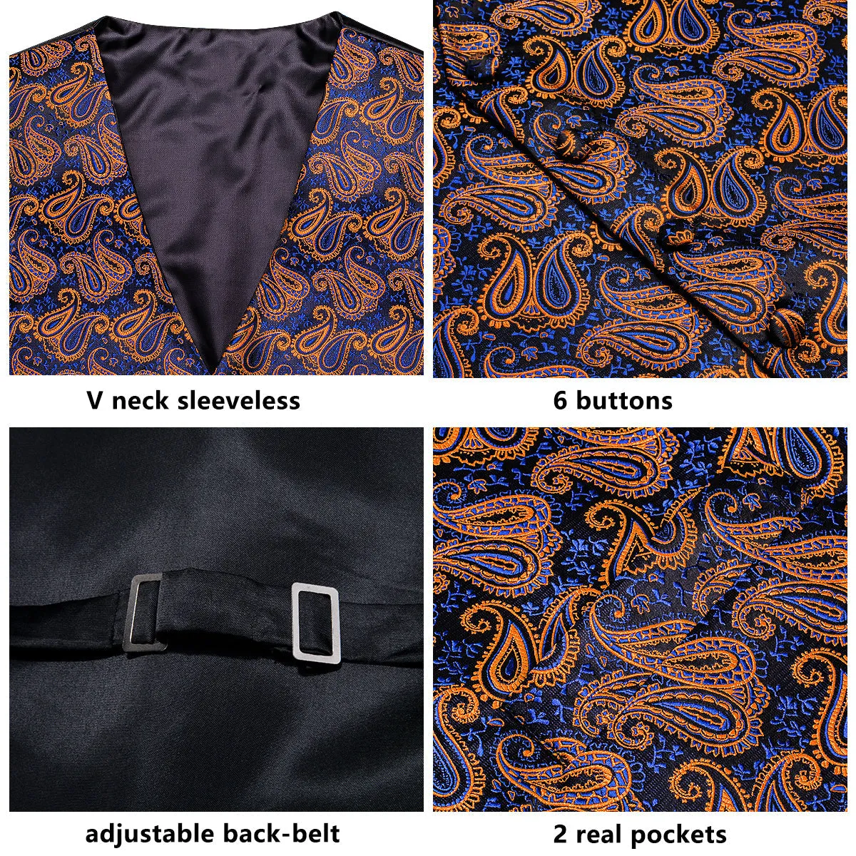 Blue Orange Paisley Jacquard Silk Men's Vest Hanky Cufflinks Tie Set