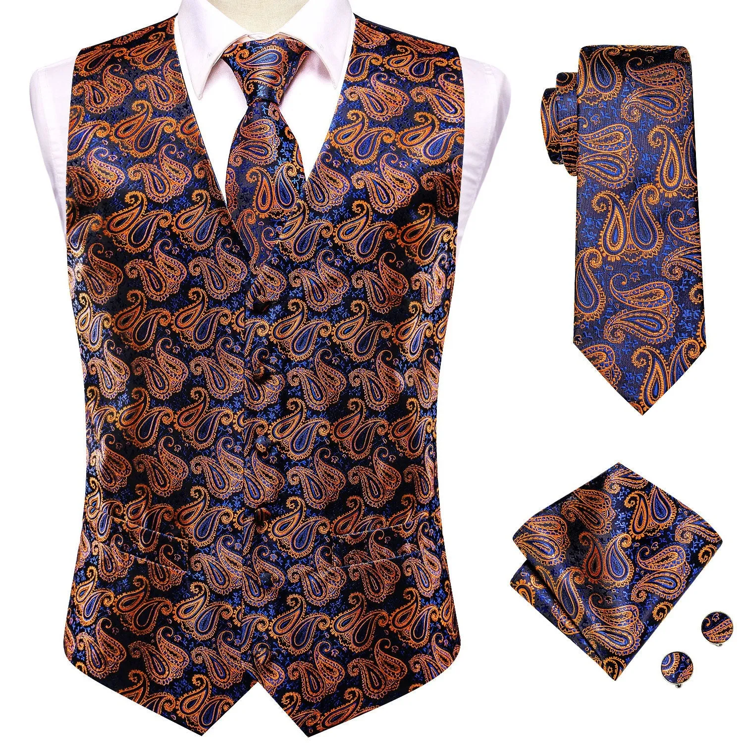 Blue Orange Paisley Jacquard Silk Men's Vest Hanky Cufflinks Tie Set