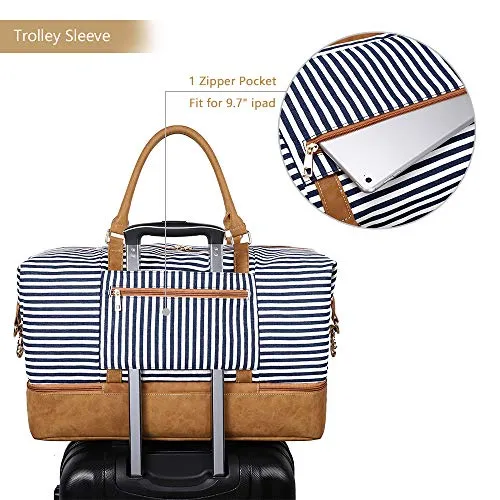 Canvas Duffel Weekender Bag with Shoe Compartment - Blue Stripe