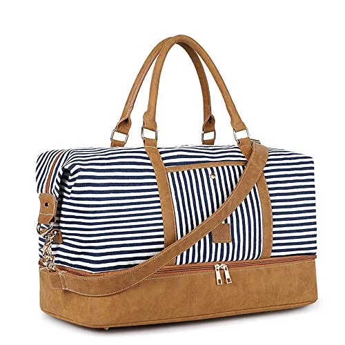 Canvas Duffel Weekender Bag with Shoe Compartment - Blue Stripe