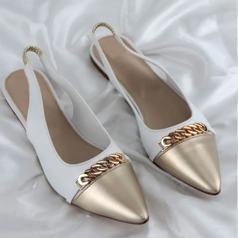 Ch Gold Pointed Bold Chain Flat Slingback Shoes