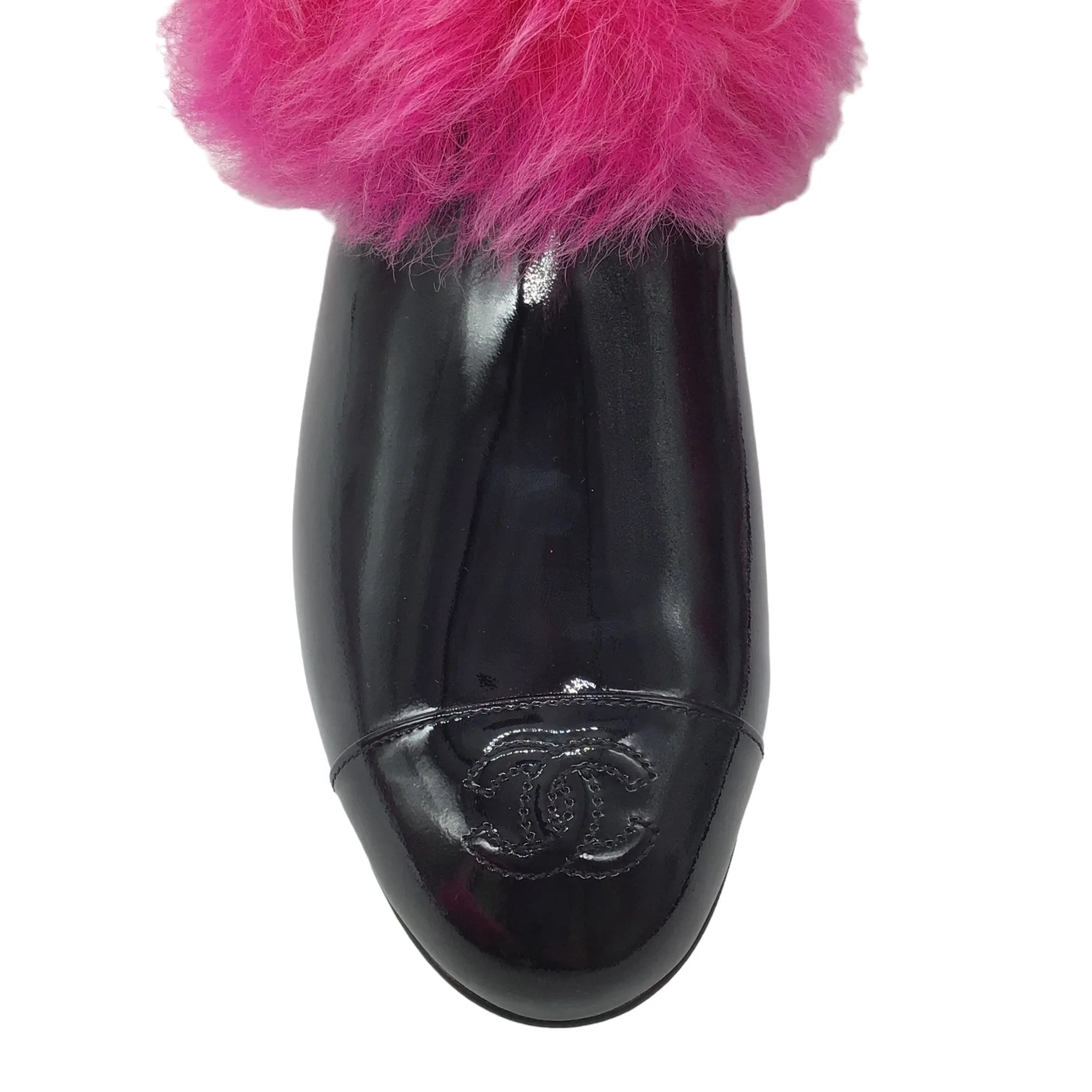 Chanel Black / Hot Pink Shearling Trimmed CC Logo Cap Toe Patent Leather Short Boots