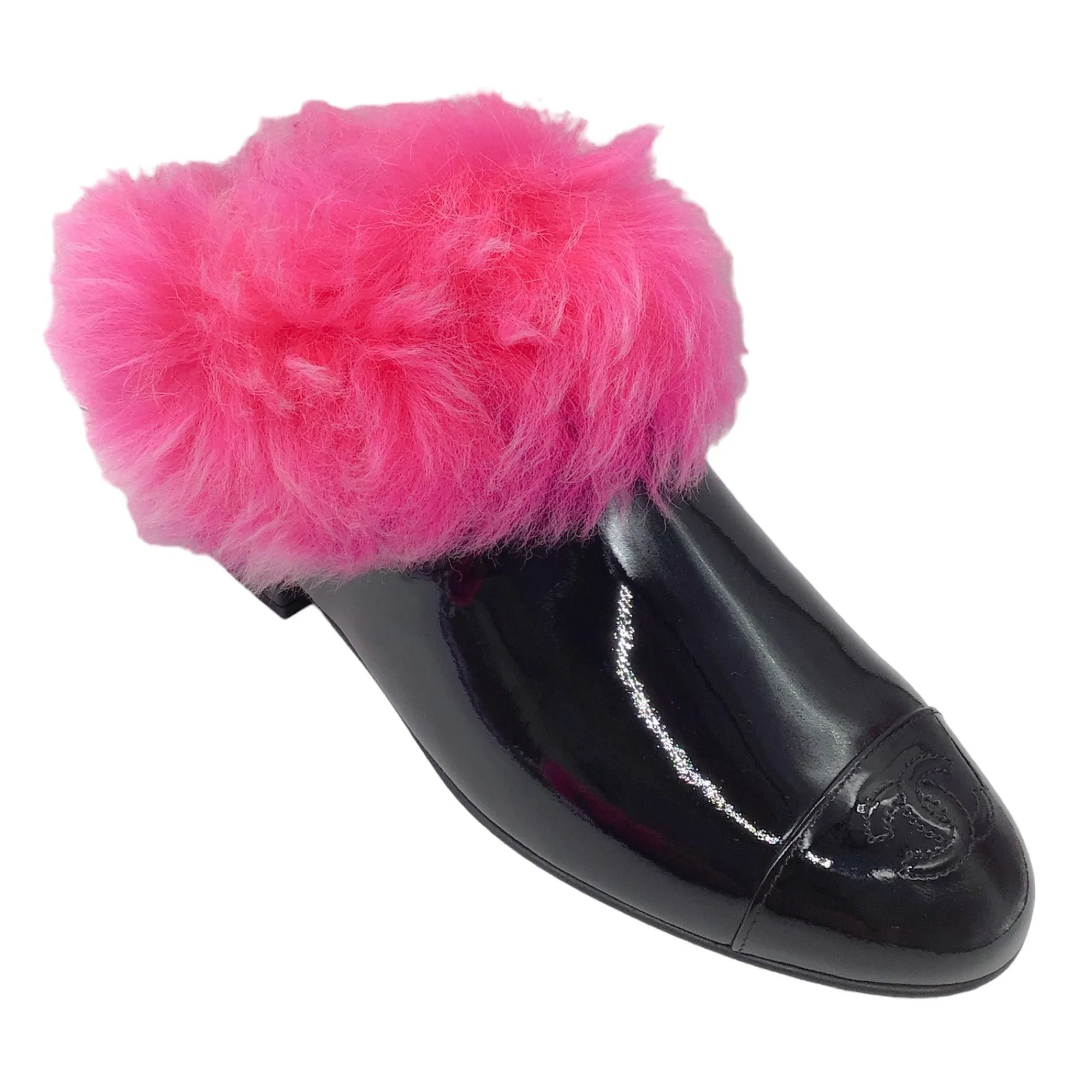 Chanel Black / Hot Pink Shearling Trimmed CC Logo Cap Toe Patent Leather Short Boots