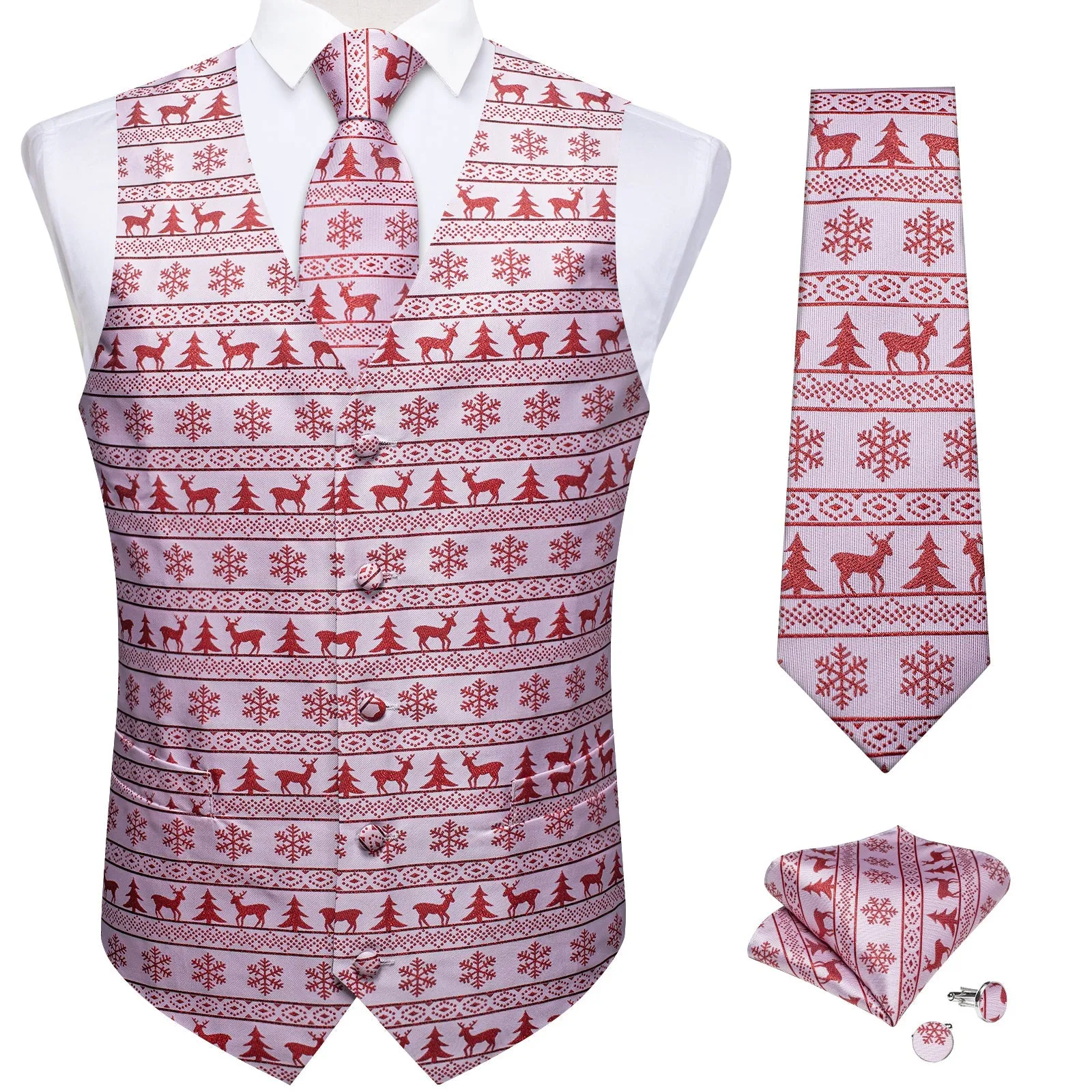 Christmas White Red Elk Novelty Jacquard Silk Men's Vest Hanky Cufflinks Tie Set