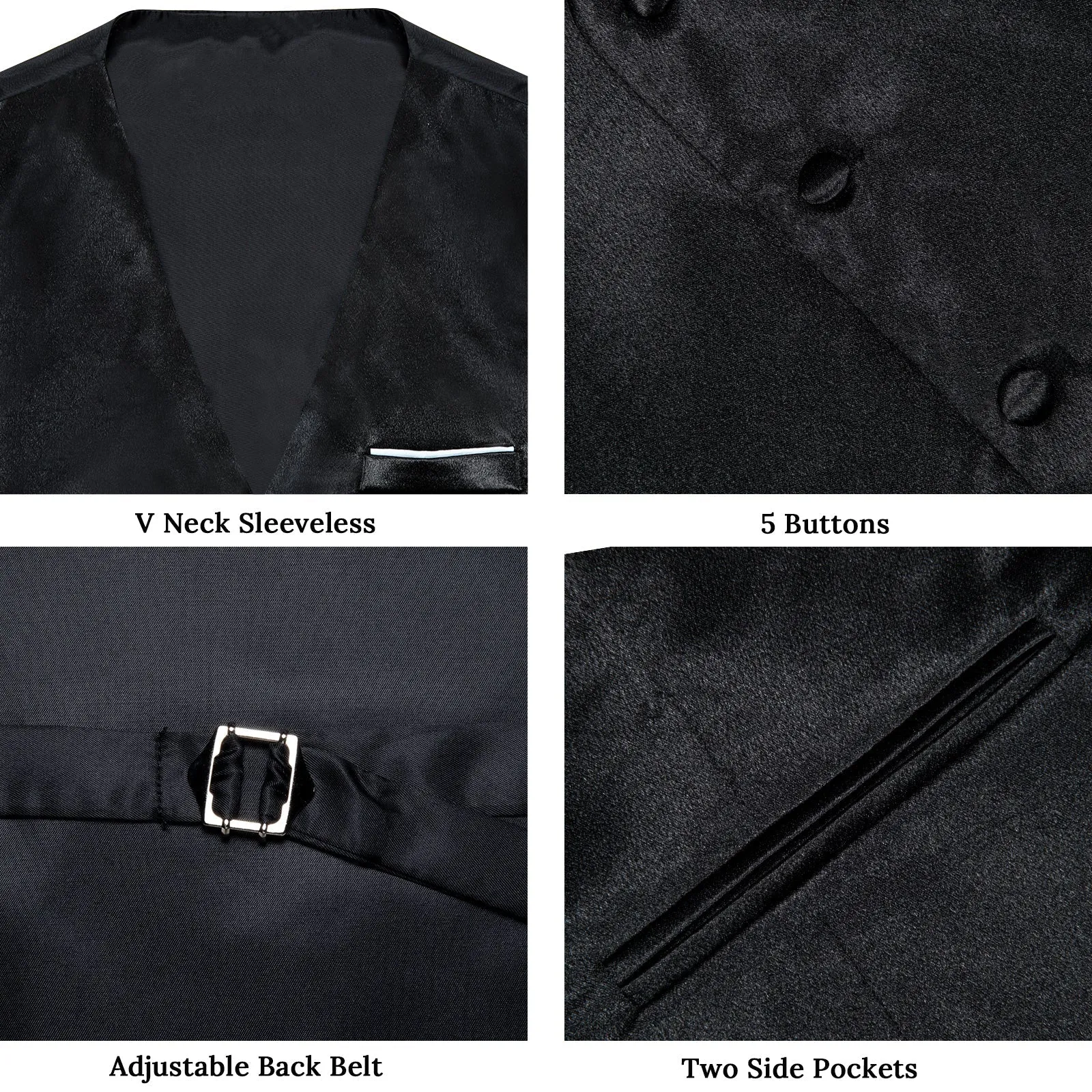 Classic Black Solid Shining Silk Men Vest Necktie Bow Tie Handkerchief Cufflinks Set